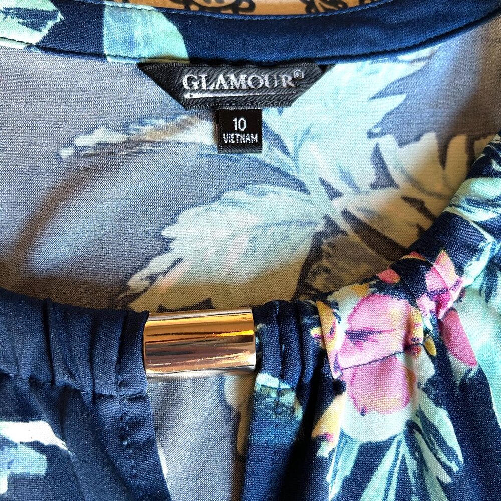 Glamour women maxi dress size 10 blue floral round neck sleeveless cutout gold - Picture 2 of 15